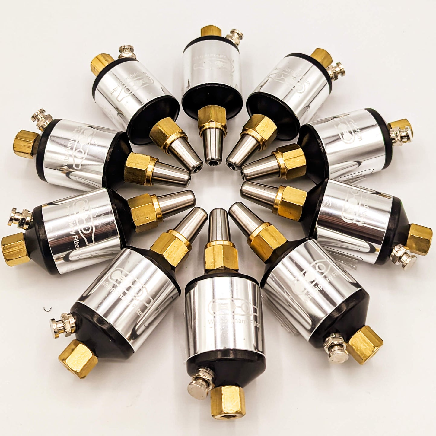 Ten Whippiphany N2O and NOS filters arranged in a bundle package, designed for nitrous oxide filtration and regulators.