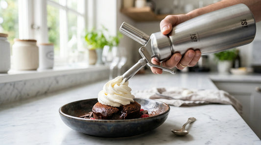 Stainless steel whipped cream dispenser dispensing perfect cream onto chocolate dessert