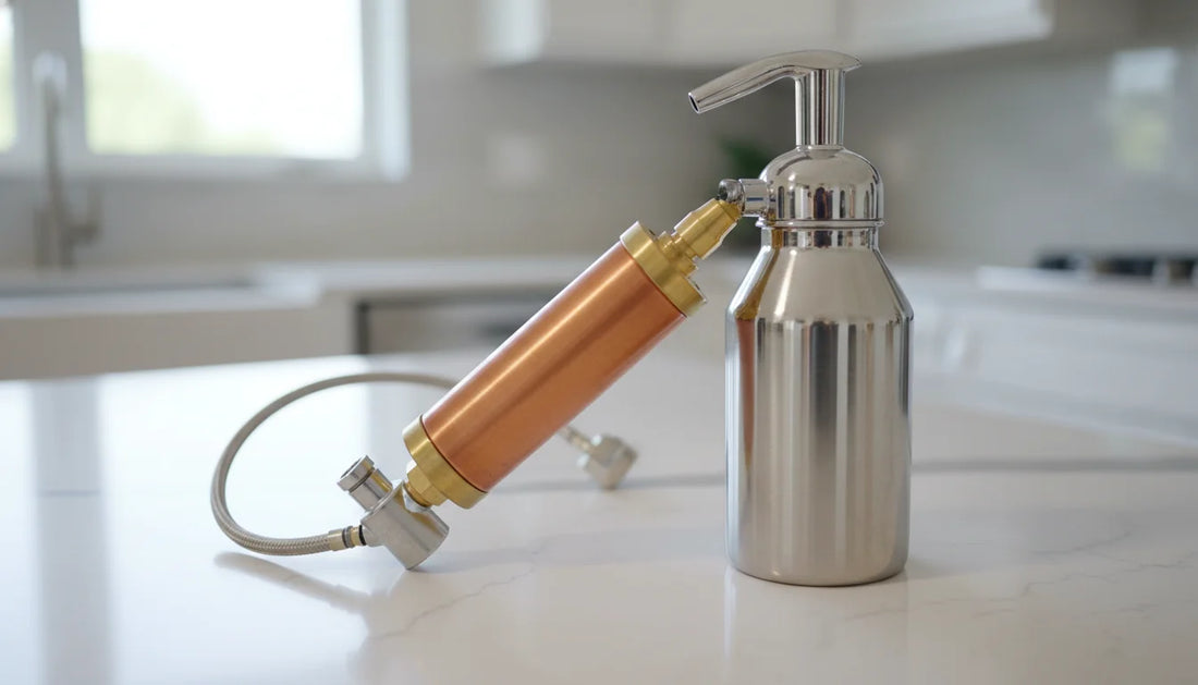 Whipped cream charger setup with Whippiphany copper-core N2O filter connected for cleaner culinary N2O