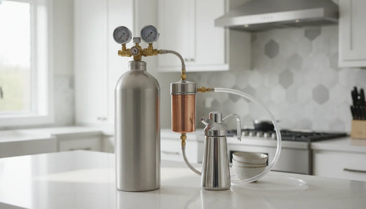 Galaxy Gas valve and regulator setup on an N2O tank with inline filter for culinary whipped cream use