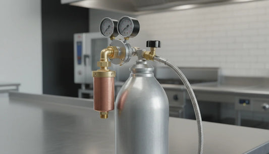 Galaxy gas use setup with a Whippiphany N2O filter and dual-gauge regulator on a kitchen prep table