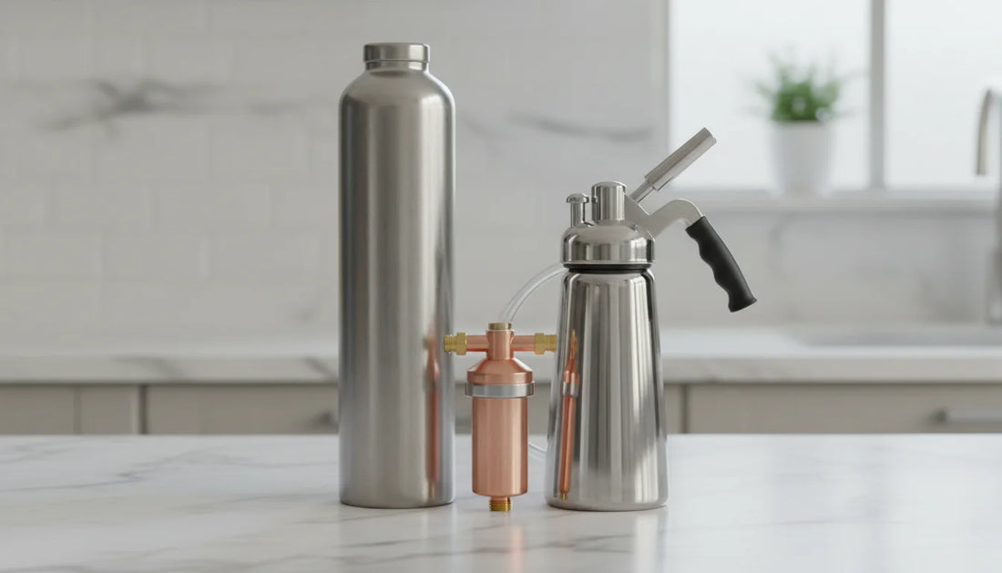 Galaxy Gas N2O canister beside a whipped cream dispenser and Whippiphany copper-core filter on a kitchen counter
