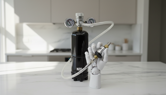 Whippiphany Deluxe 2.0 nitrous oxide regulator with dual pressure gauges on a clean kitchen workspace