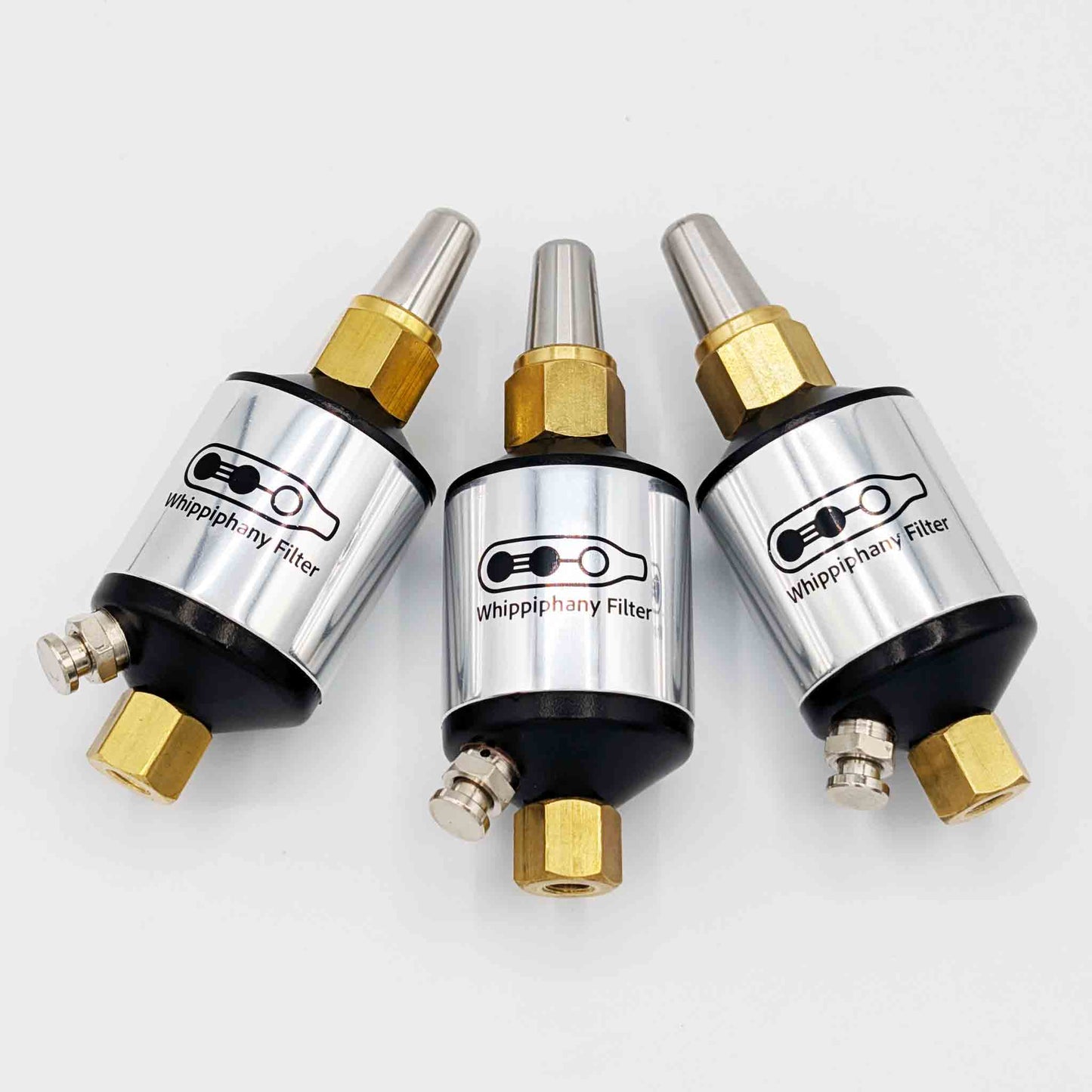 3 Whippiphany N2O and nang filters shown as a bundle, designed for nitrous oxide filtration and nitrous regulators.
