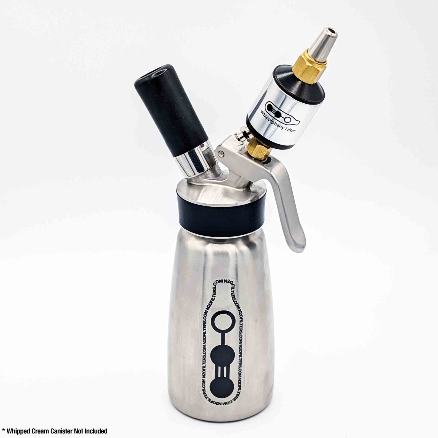 Whippiphany N2O and NOS filter attached to a whipped cream dispenser, designed for nitrous oxide filtration and smooth gas release.